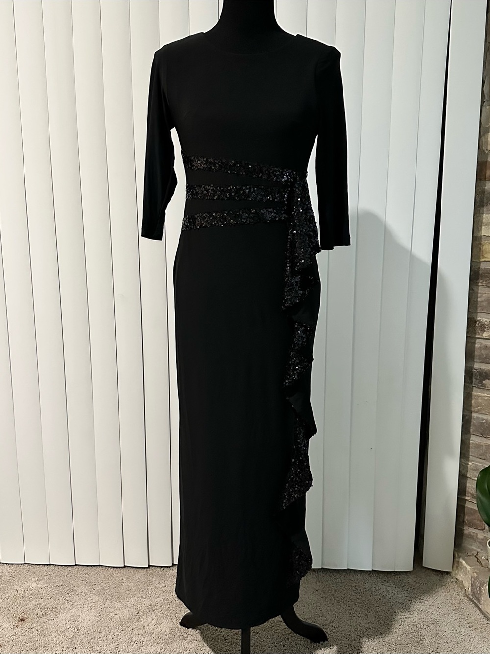 R&M Richards Black Long Sleeve Sequin-Trim Gown